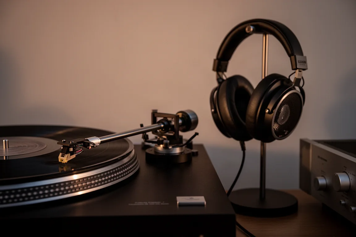 Bras de platine vinyle et casque ouvert à côté d'un amplificateur dans une lumière tamisée