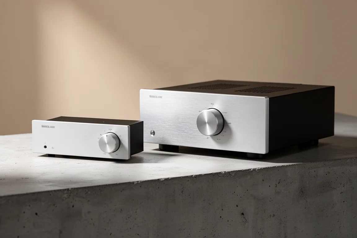 Two integrated amplifiers side by side on a matte concrete surface