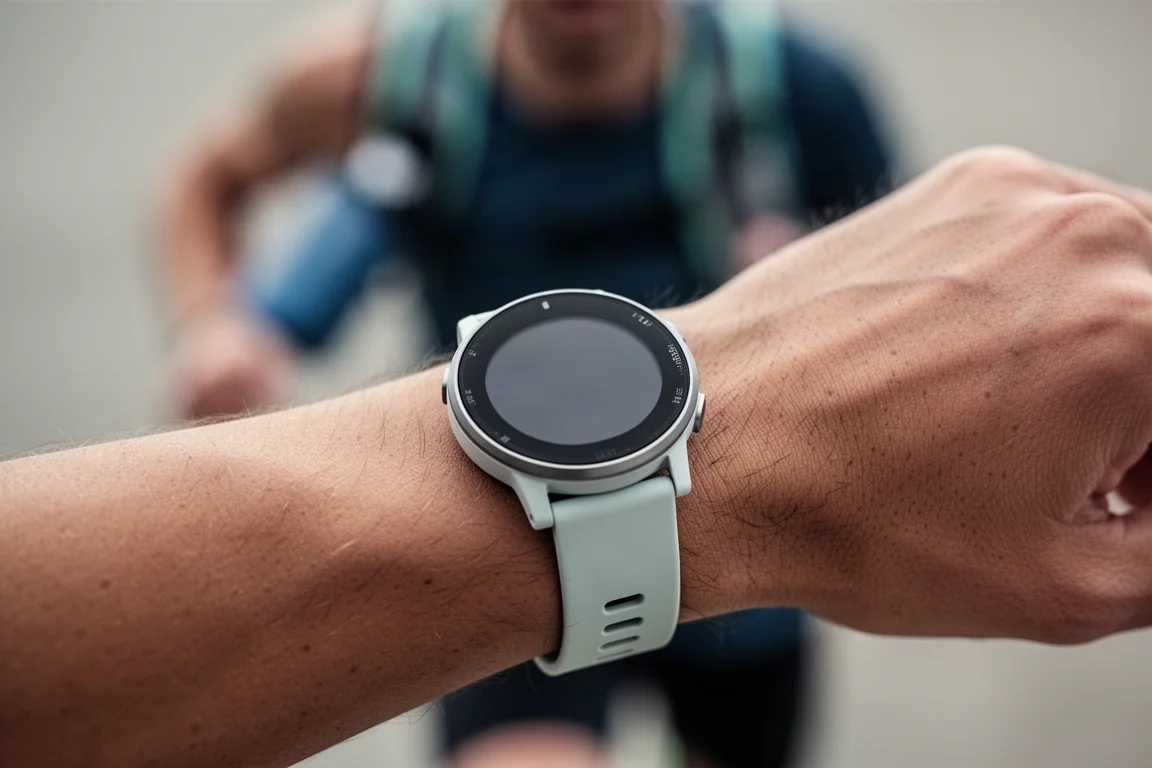 Gros plan sur le cadran léger d'une montre GPS affichant un écran d'entraînement