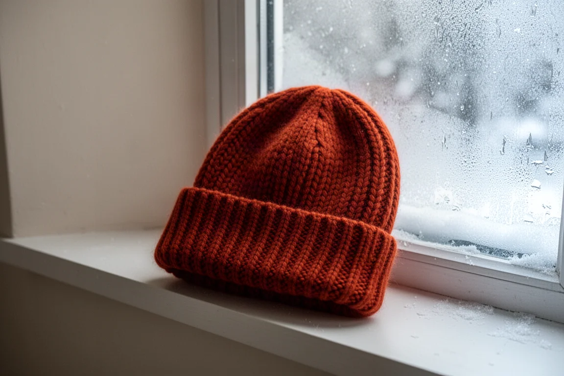 Bonnet en laine d'agneau orange foncé posé sur un rebord de fenêtre sous une lumière froide