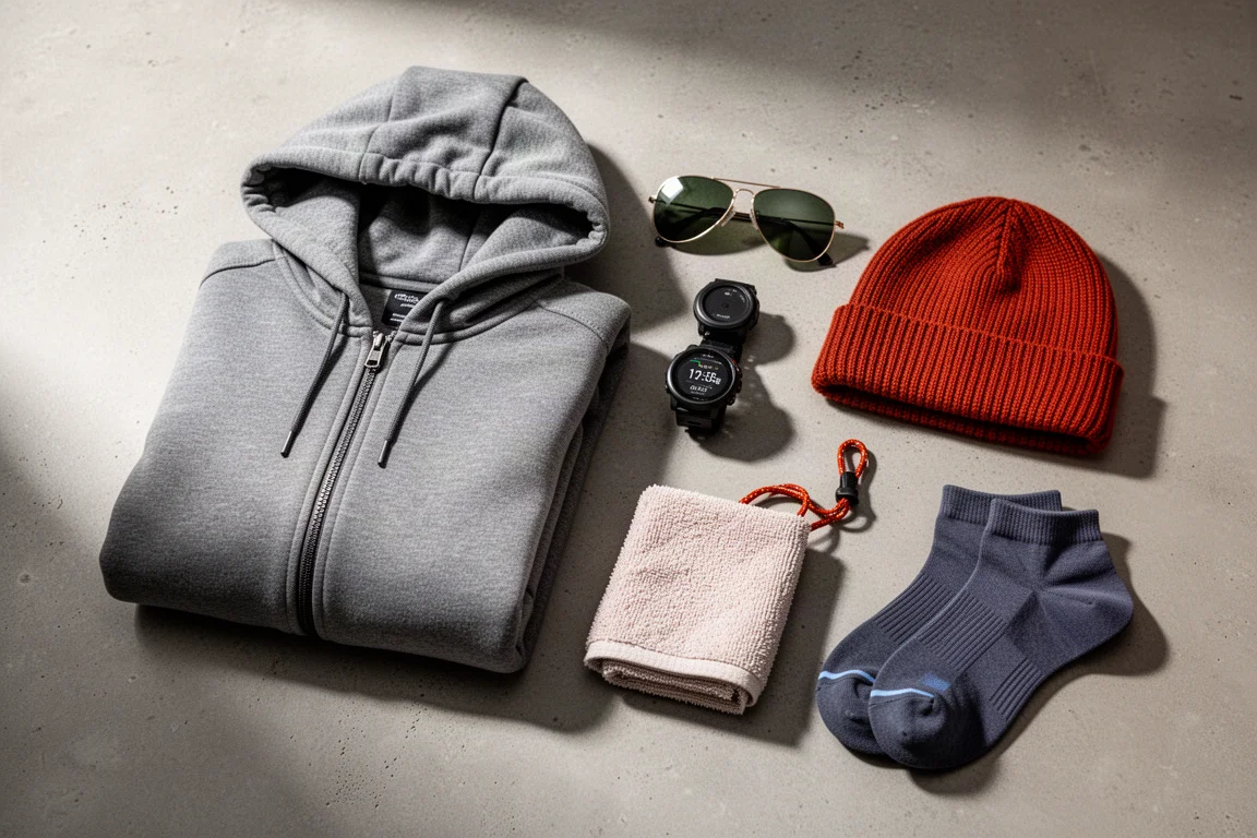 Flat-lay of running gift guide items including a hoodie, sunglasses, watch, beanie, towel, and socks