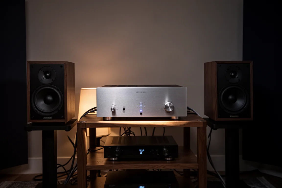 Amplificador e caixas standmount em um rack de madeira em uma sala de audição com pouca luz
