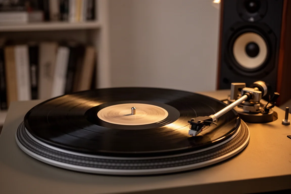 Disco de vinil girando em um toca-discos sob a luz quente de um abajur à noite