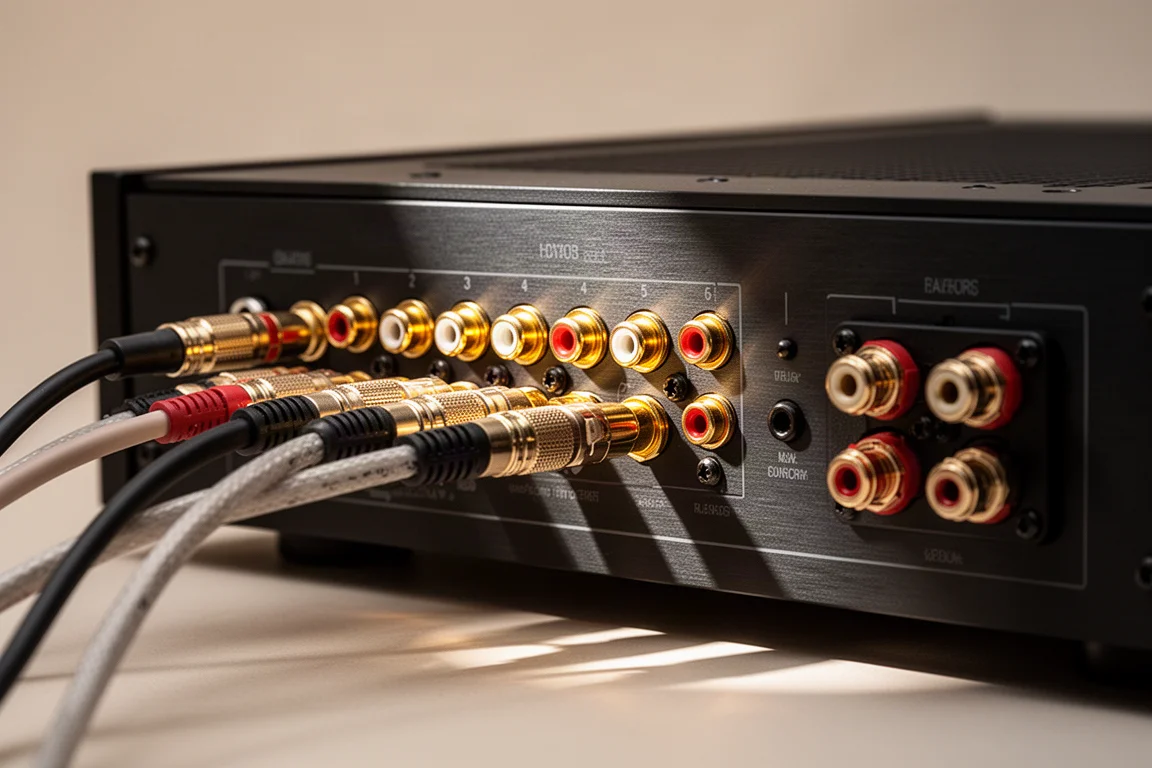 Close-up de conectores RCA e terminais de caixa no painel traseiro de um amplificador