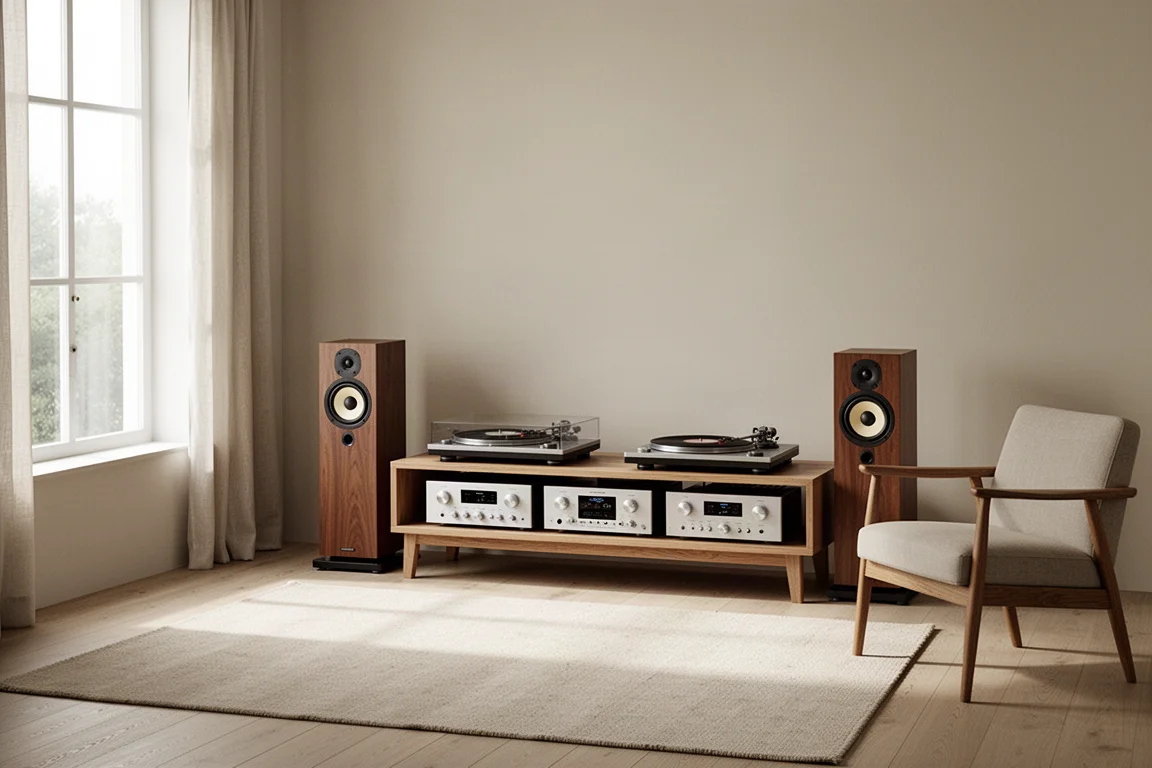 Sistema hi-fi na sala de estar com amplificador, toca-discos e caixas à luz do dia