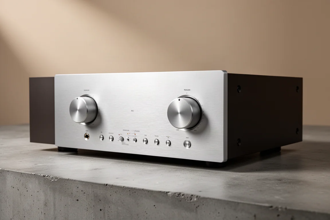 Silver integrated hi-fi amplifier with brushed aluminium front panel on concrete surface
