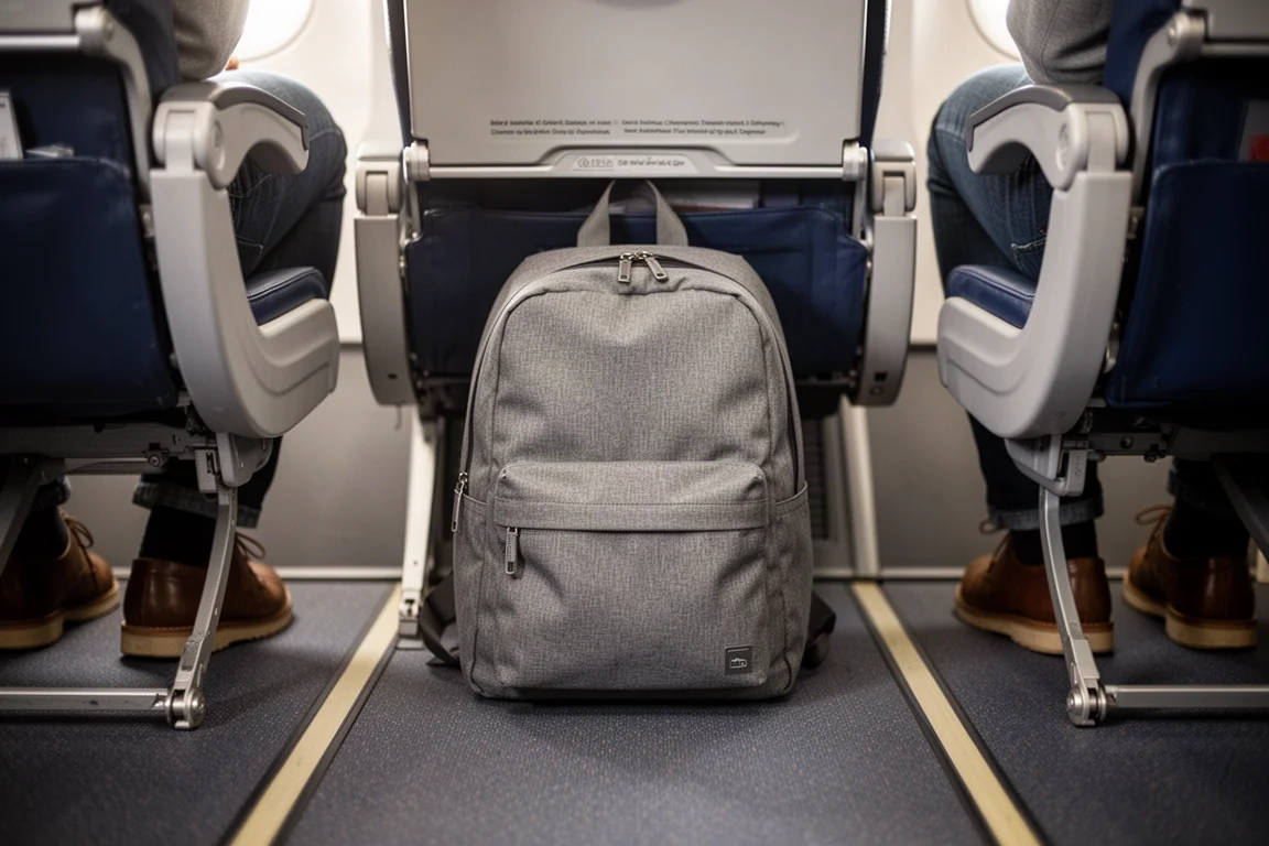 Backpack tucked under an airplane seat with feet either side