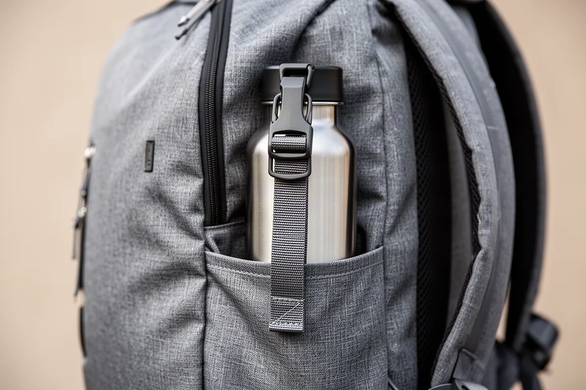 Water bottle secured in a side pocket with an adjustable compression strap