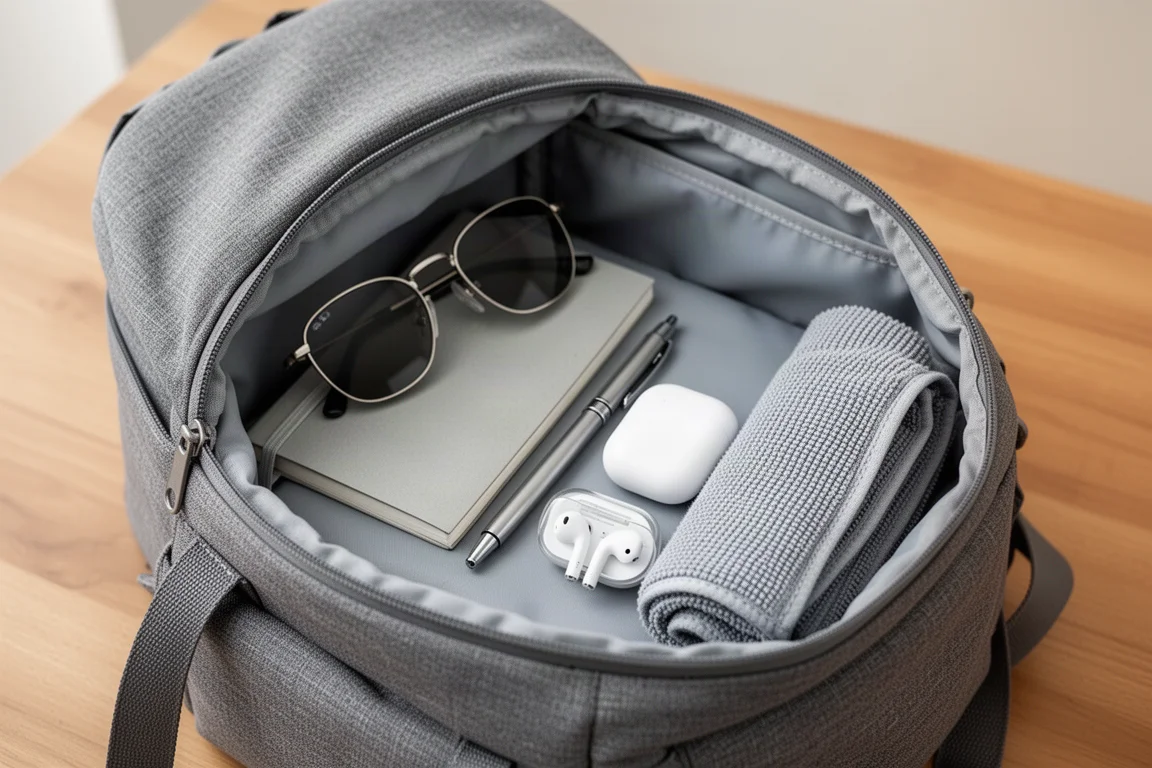 Top compartment open showing sunglasses, notebook and small accessories