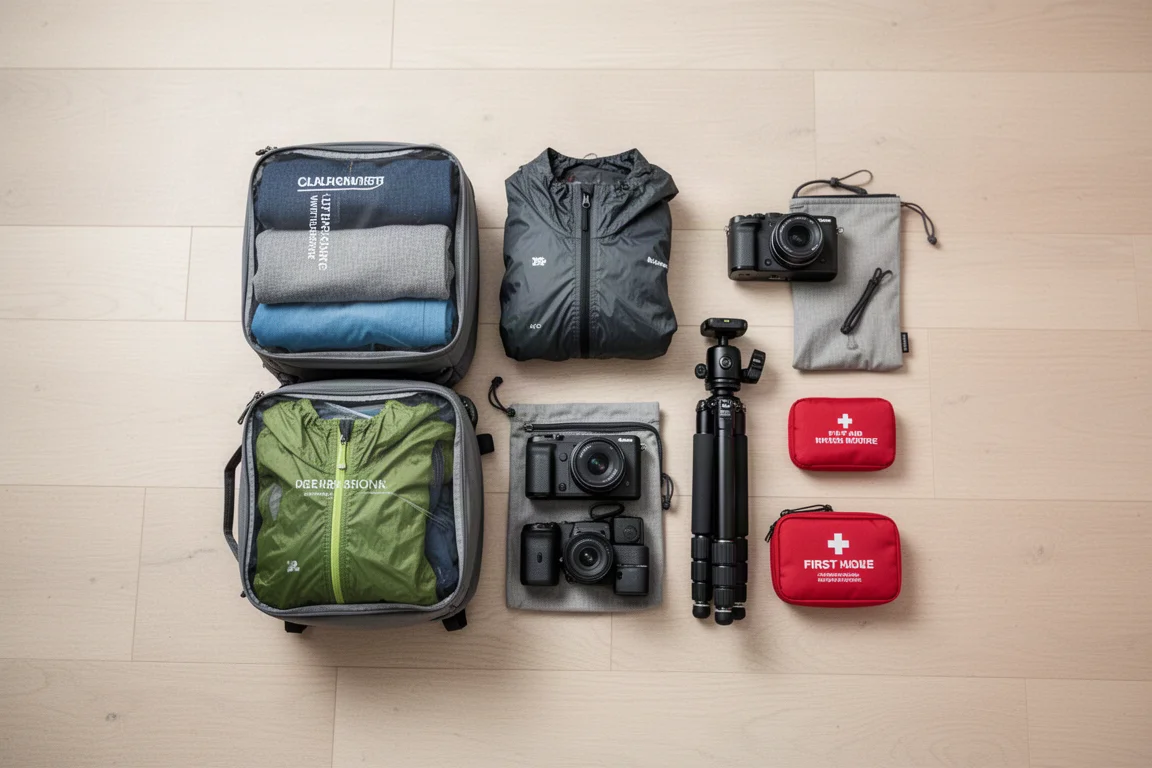 Main compartment packed with clothing cube, pouches and camera gear