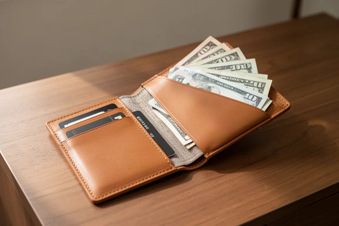 Slim caramel leather wallet open on a desk showing card slots and banknotes