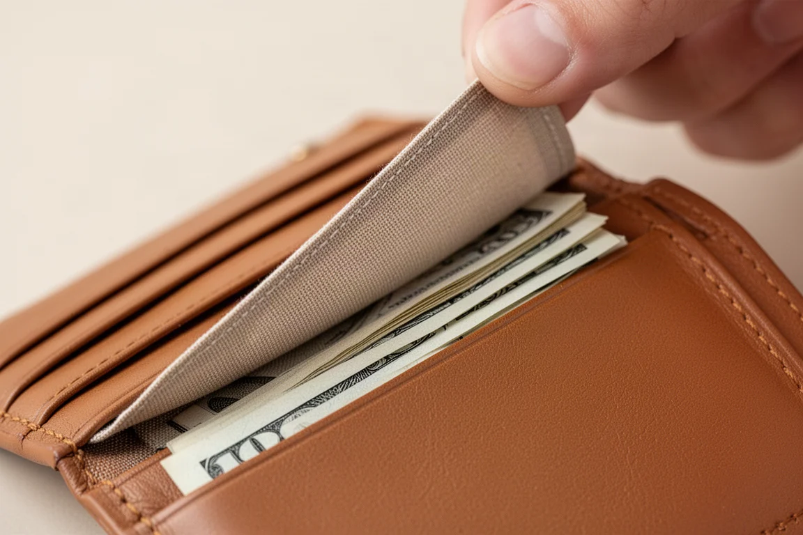 Close-up of a wallet's hidden fabric separator flap lifting to reveal a concealed pocket