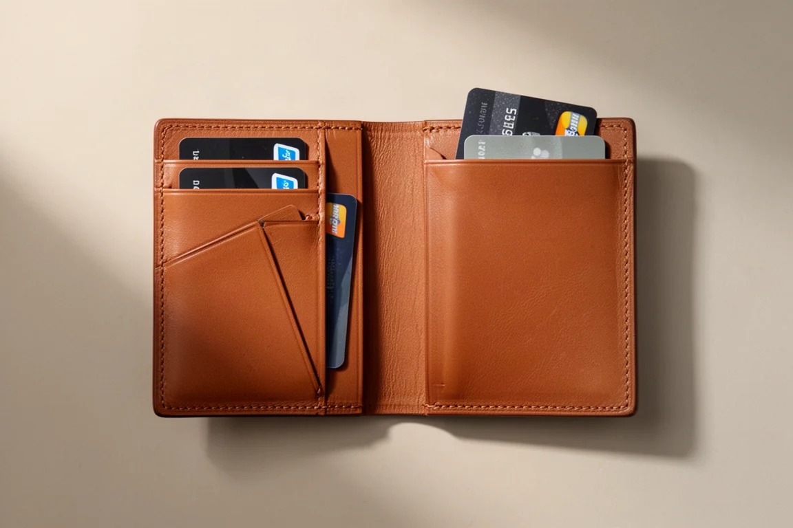 Wallet card layout showing slanted quick-access sleeve and deeper dump pocket