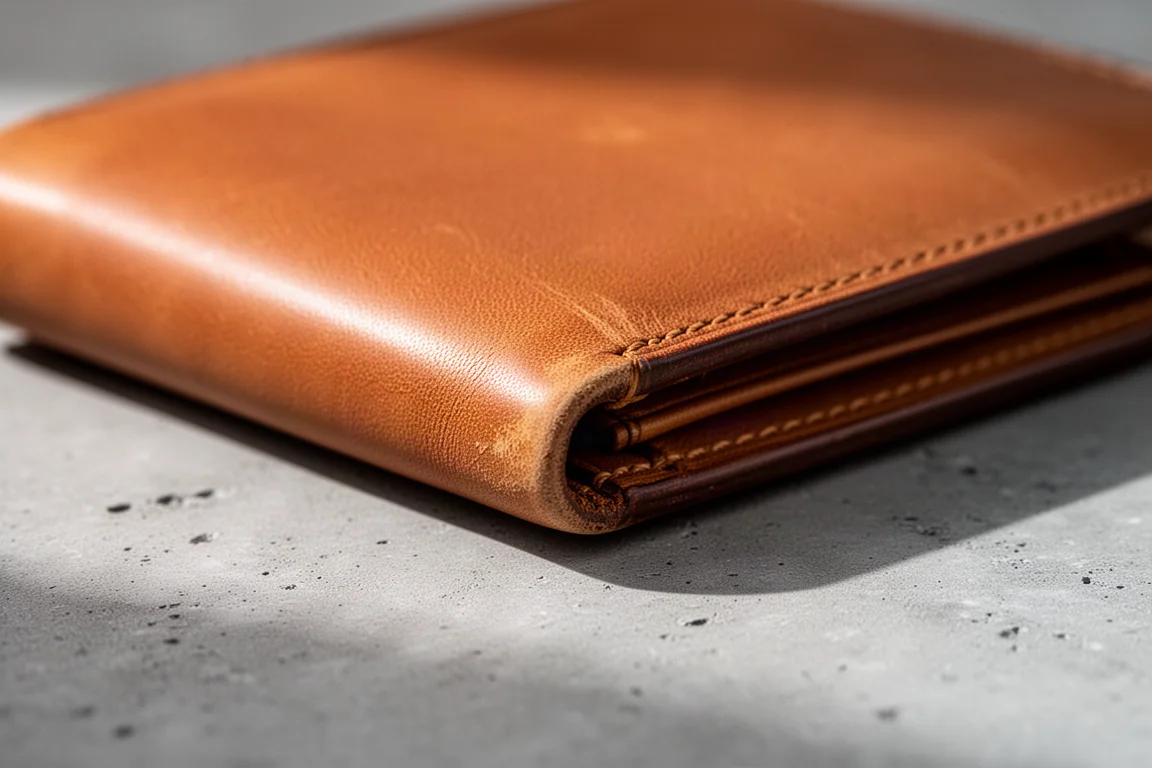 Leather wallet corner showing slight wear after two months of daily carry