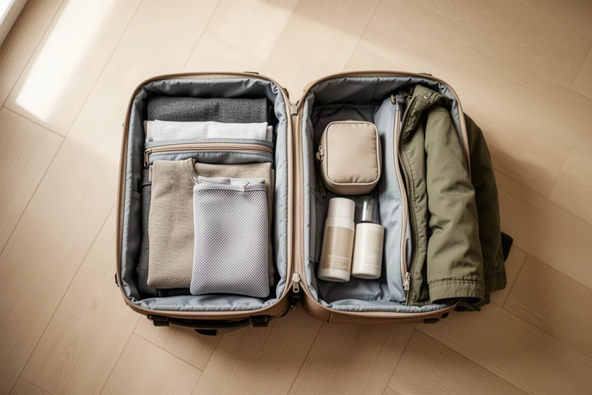 Travel backpack packed open in clamshell layout showing two zippered compartments