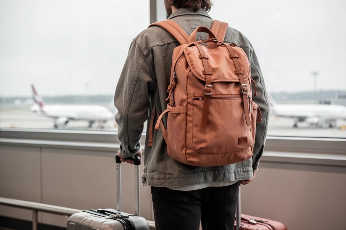 Traveler wearing the backpack at an airport gate with a rolling suitcase