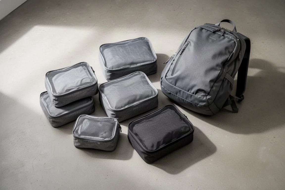 Packing cubes laid out beside the travel backpack before packing