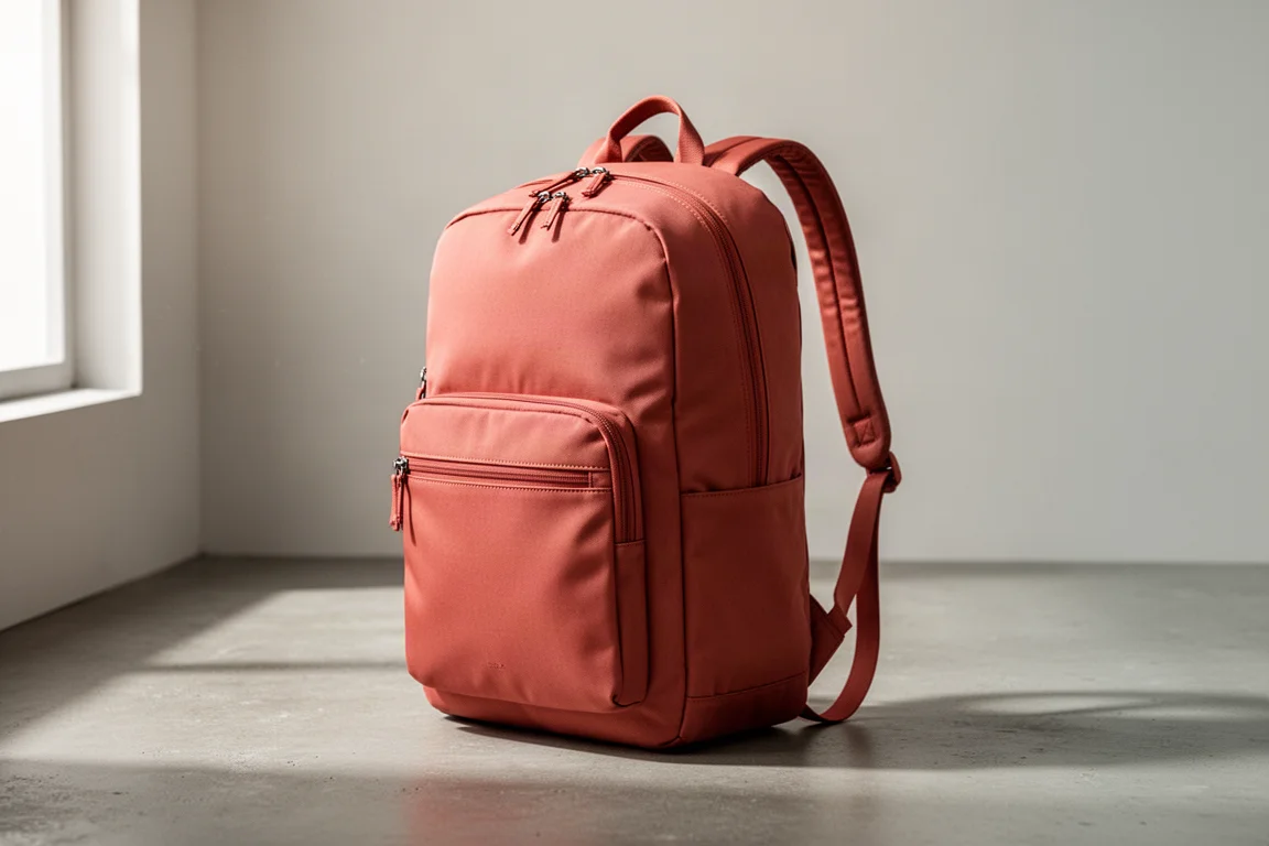 Bellroy Lite Travel Pack 30 Rucksack in Tonerdefarbe auf einer Betonfläche stehend