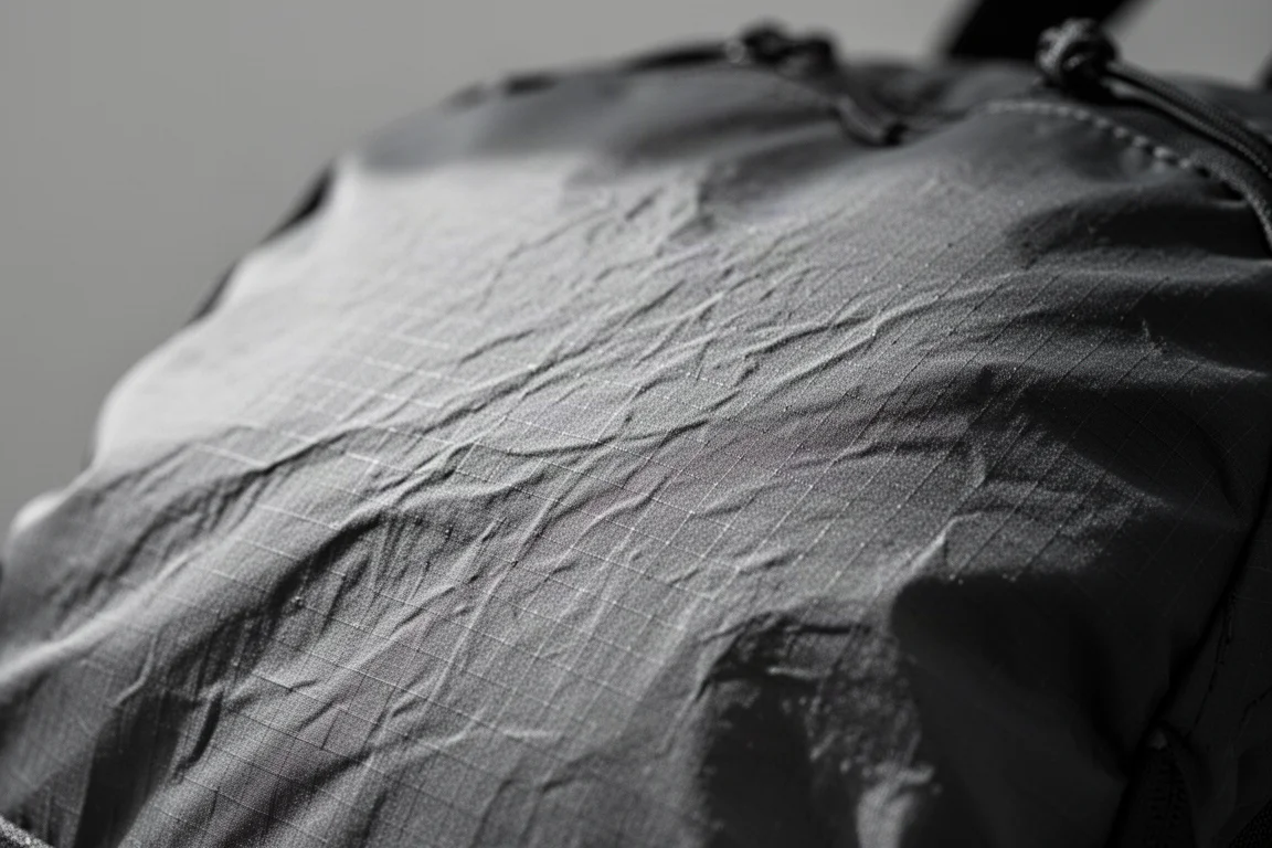 Close-up van ripstop-nylon rugzakstof met kreukelafwerking en matte textuur