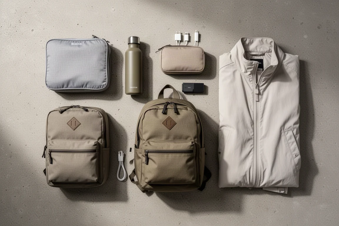 Flat-lay van bovenaf met reisuitrusting zoals packing cubes, opladers en een waterfles