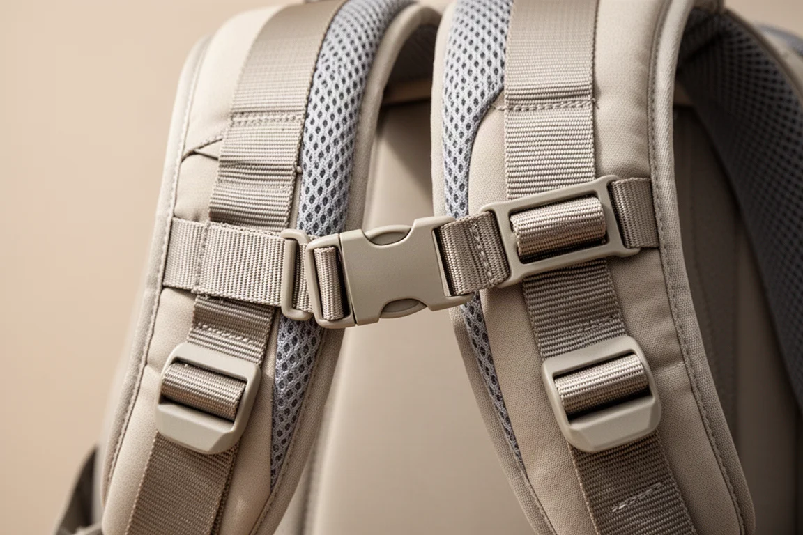 Detail van schouderriem en borstriem van rugzak met webbing en gesp