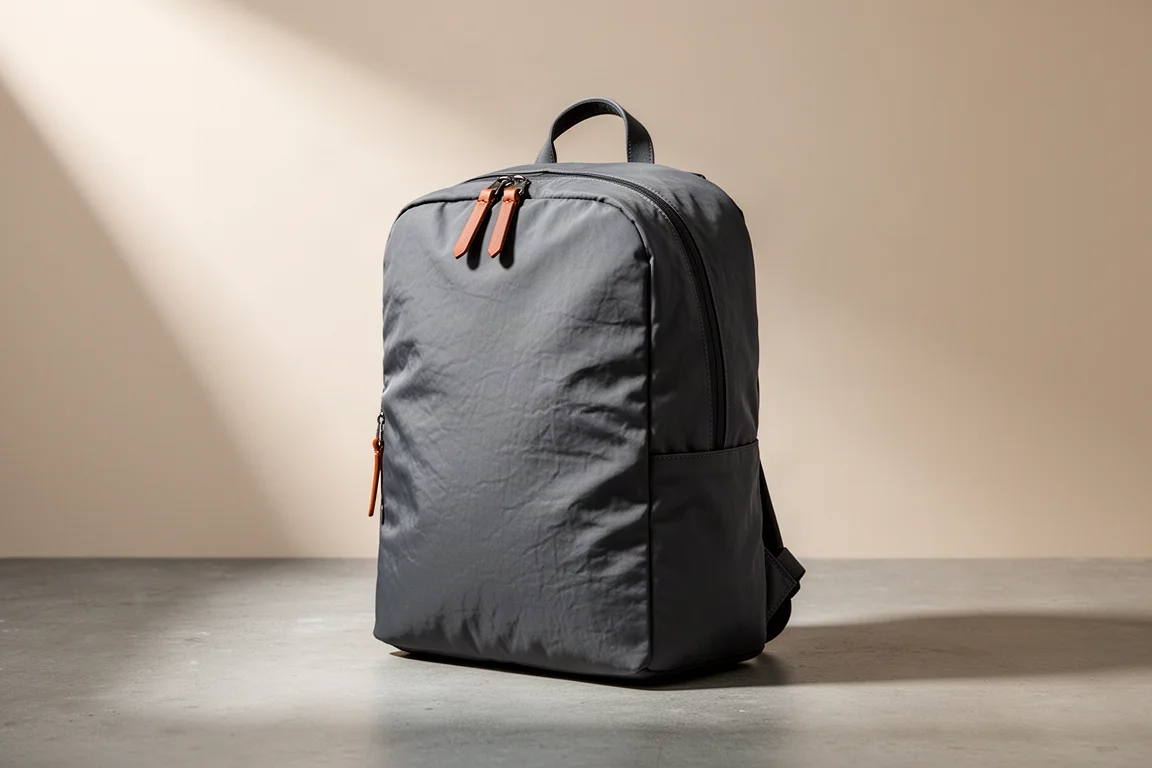 Zaino da viaggio minimalista color carbone in piedi su una superficie di cemento