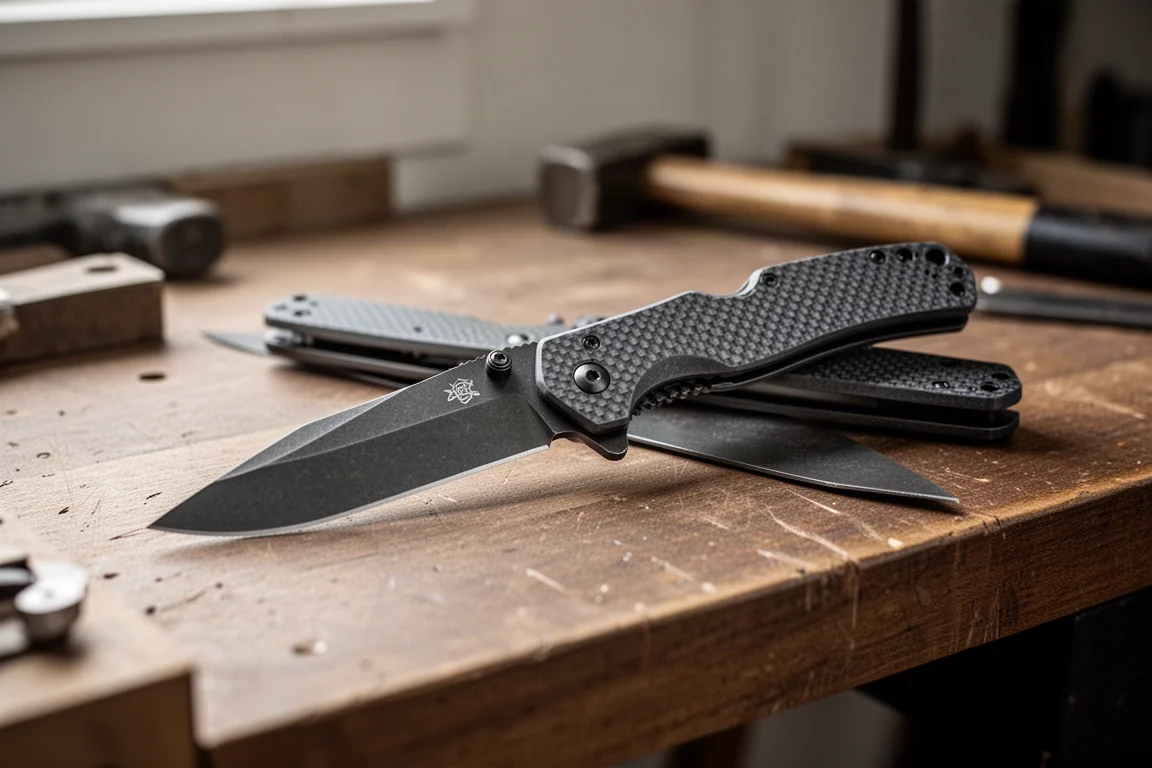 Large folding knife with G10 scales lying open on a wooden workbench
