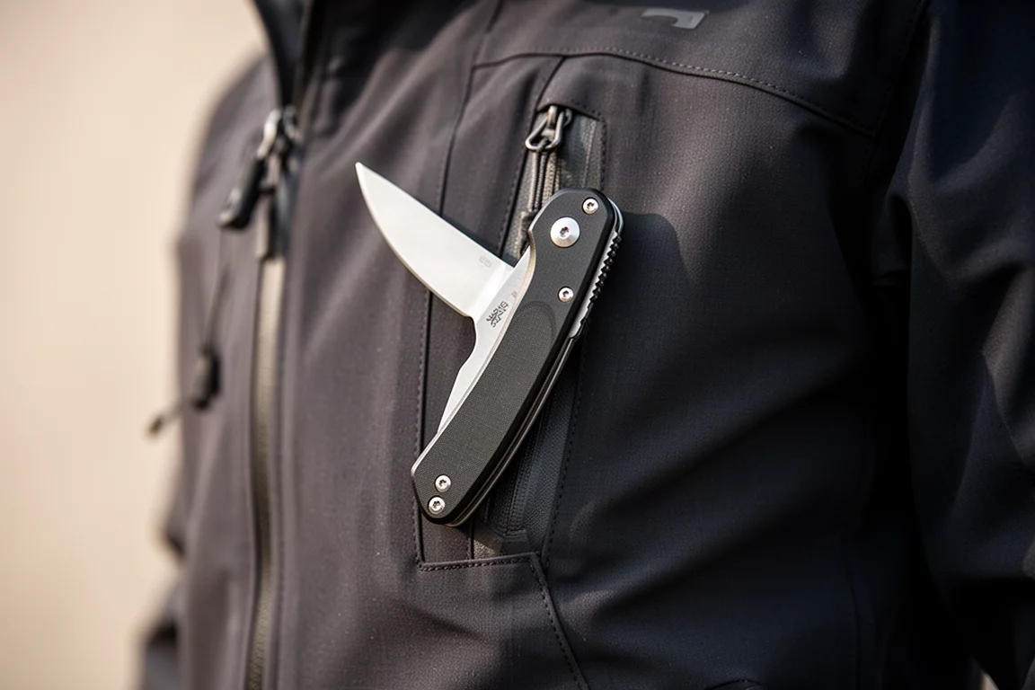 Slim lightweight folding knife balanced on the edge of a jacket pocket