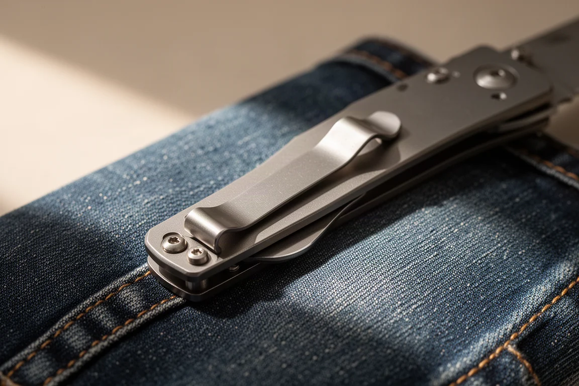 Folding knife pocket clip close-up against denim fabric