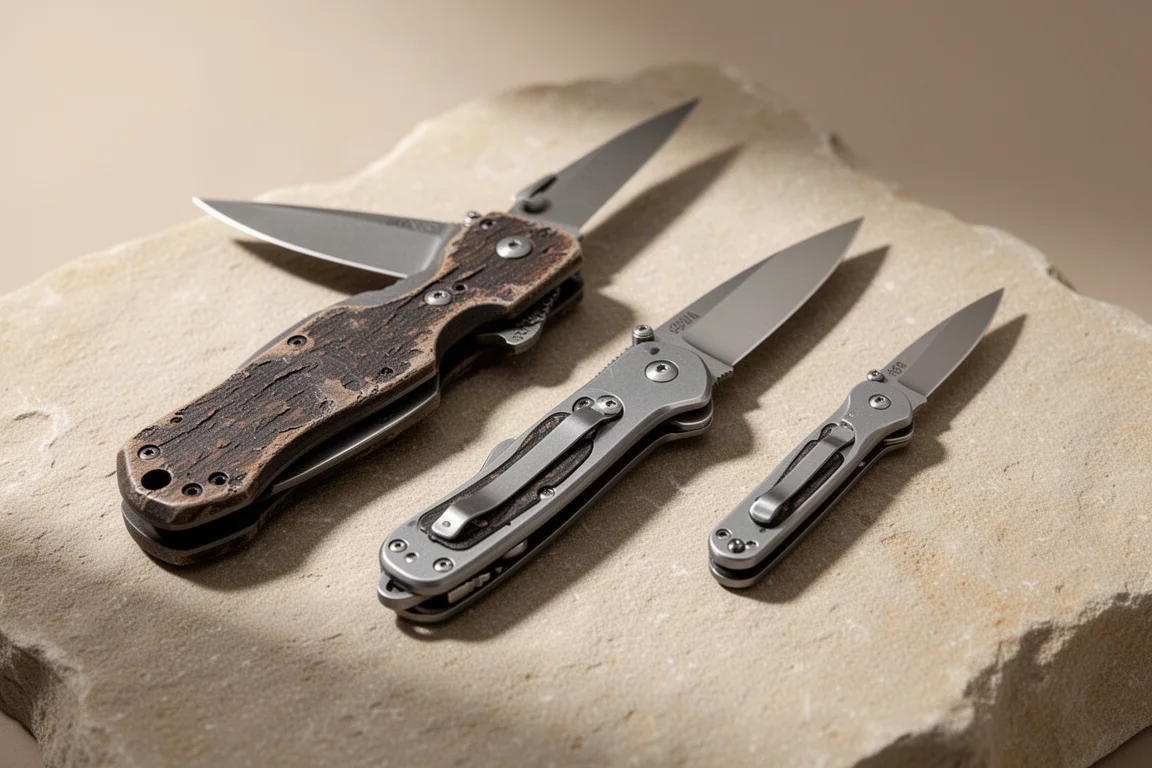 Three folding knives arranged on a neutral surface for comparison