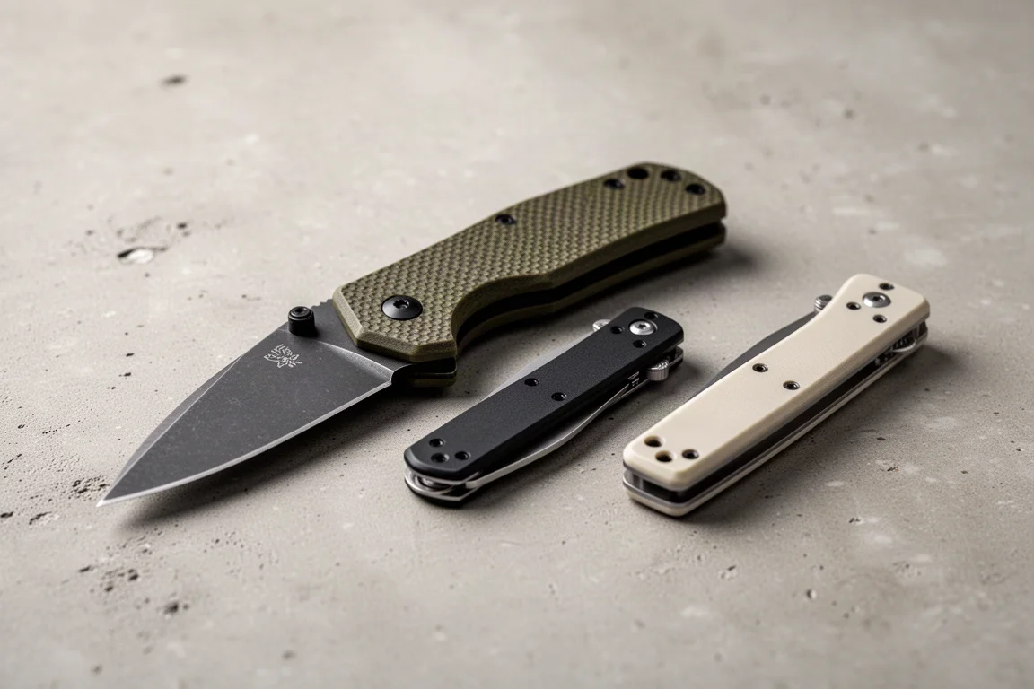 Three Benchmade Bugout folding knives of different sizes arranged on a concrete surface