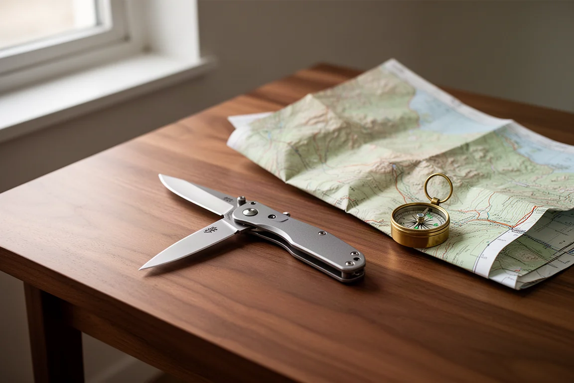 Slim folding pocket knife resting on a wooden desk with outdoor gear nearby