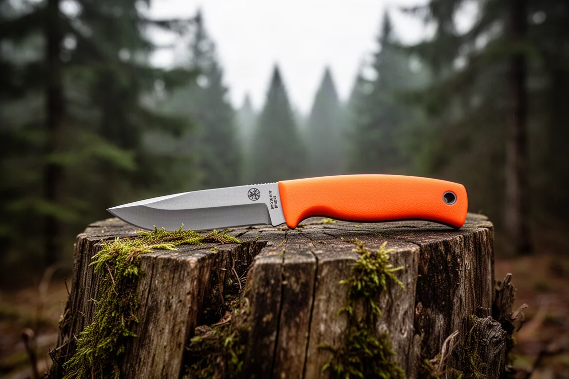 Folding knife with a guarded handle photographed on slate in dramatic soft light