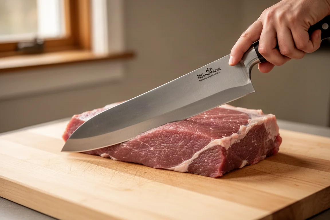 Fixed processing knife slicing through raw meat on a cutting board