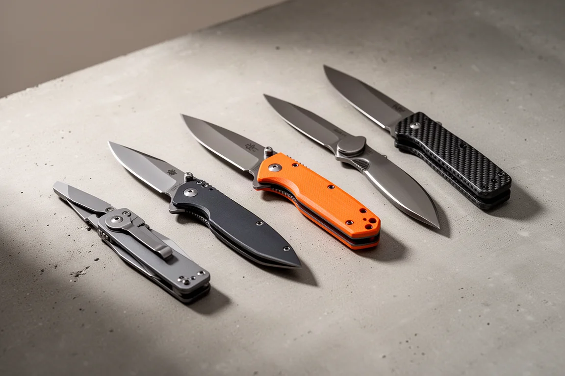 Assortment of folding and fixed-blade knives on a matte concrete surface