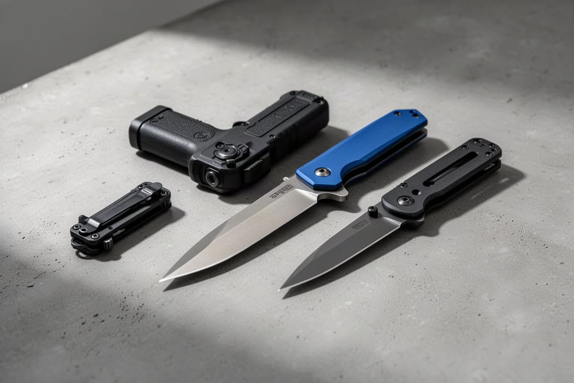 四把 Benchmade 刀具在水泥表面上一字排開