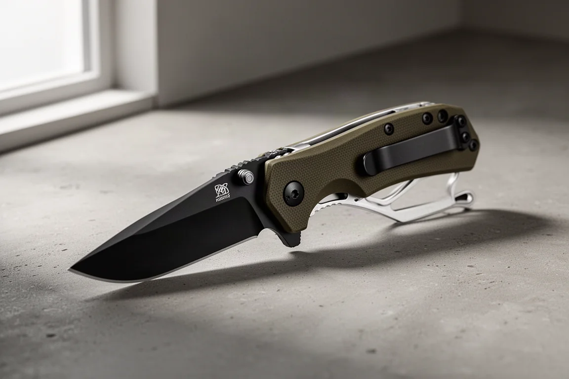 Canivete dobrável Benchmade Mini Adamas aberto sobre uma superfície de concreto fosco