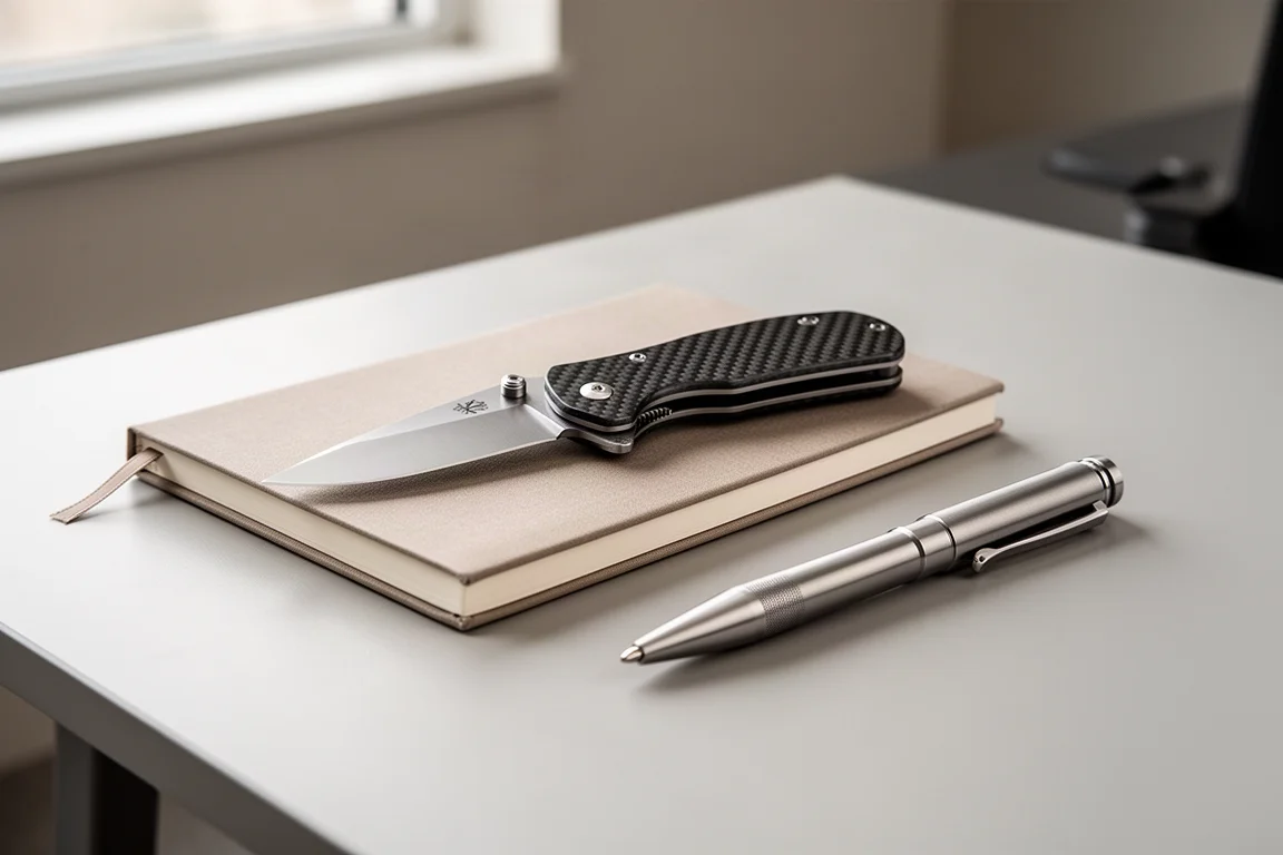 Zakmes naast een notitieboekje en pen op een bureau