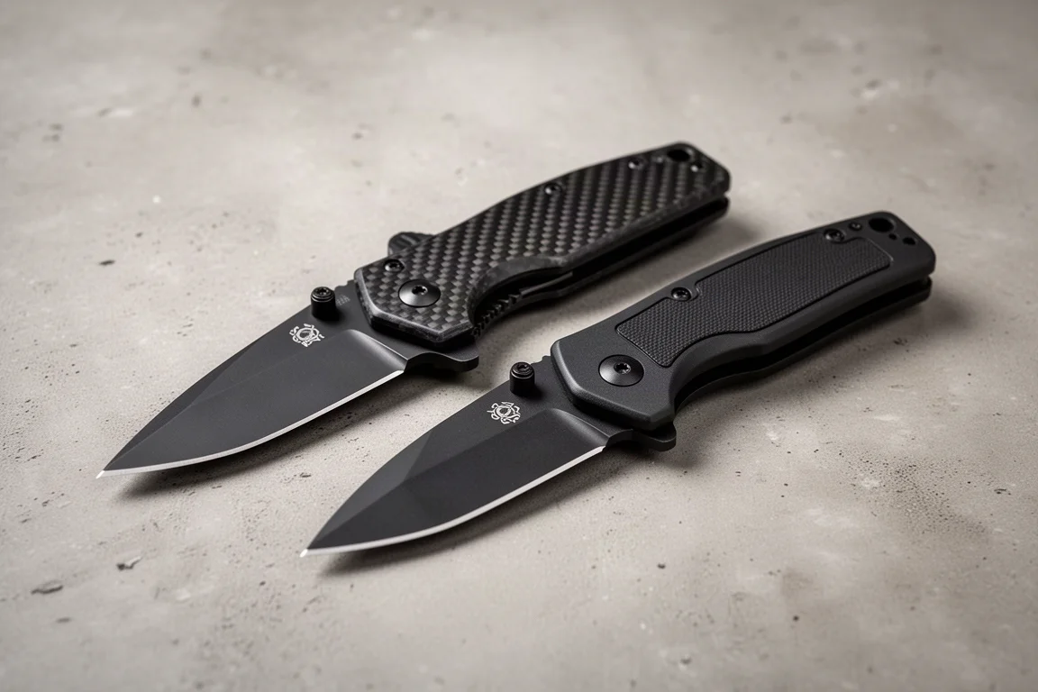 Two folding knives with black handles side by side on a concrete surface
