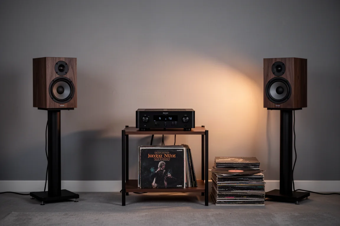 Small amplifier on a hi-fi rack shelf with stand-mount speakers in a listening room