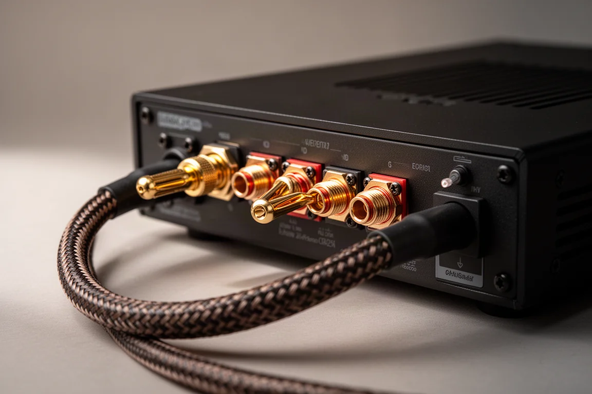 Rear panel binding posts of a power amplifier with a locking banana plug and speaker cable