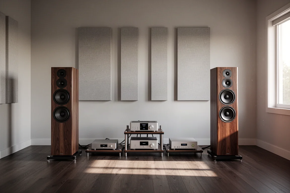 Floorstanding speakers and a small equipment rack in a studio-style listening room