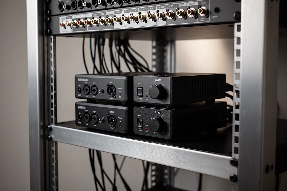 Two compact power amplifiers stacked on a rack shelf with cables routed behind