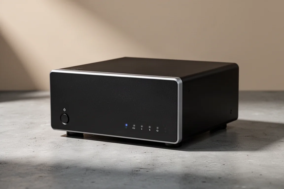 Compact black Benchmark AHB2 power amplifier on a concrete surface, three-quarter front view