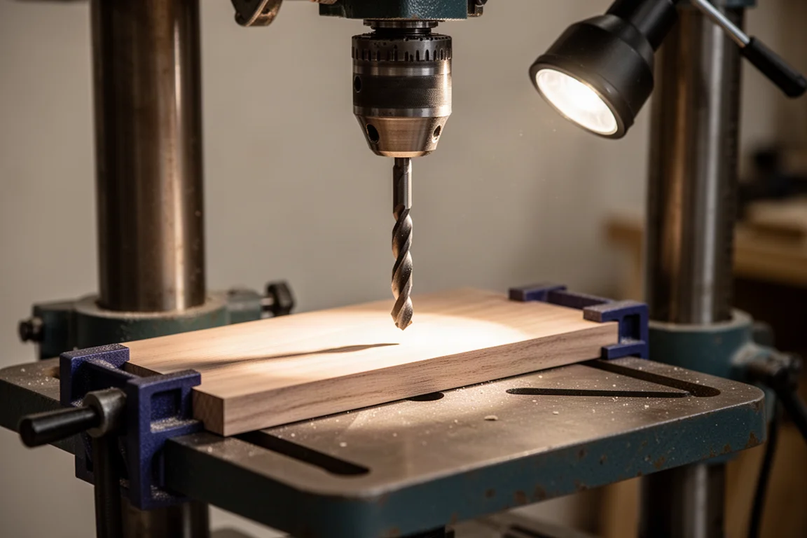 Bohrer einer Säulenbohrmaschine senkt sich in ein auf dem Tisch eingespanntes Holzwerkstück ab