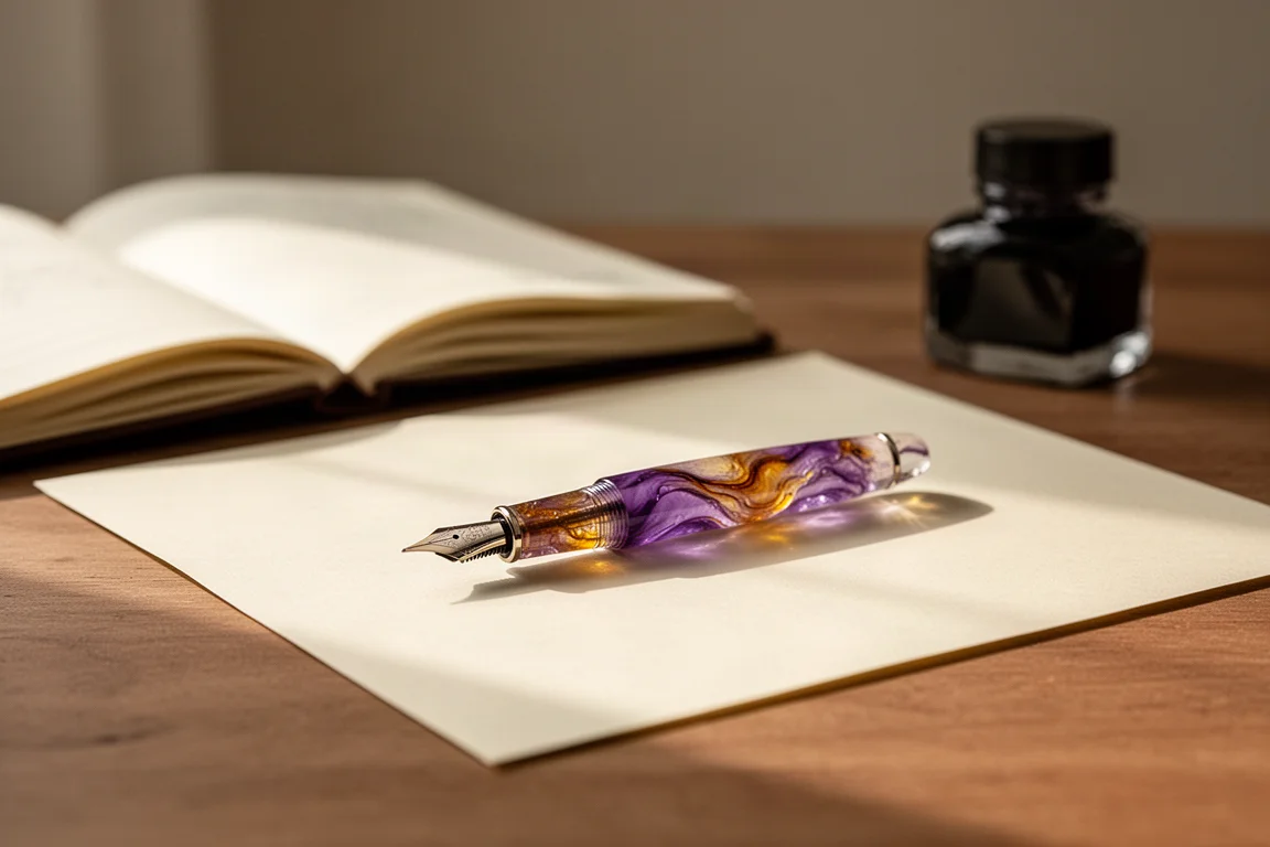 Fountain pen writing on cream paper in a cozy desk setting with warm light