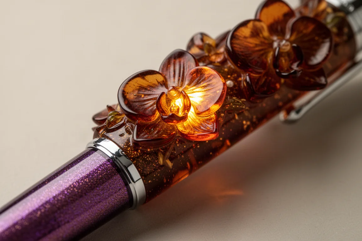 Close-up of translucent amber orchid flowers sculpted around a pen cap edge
