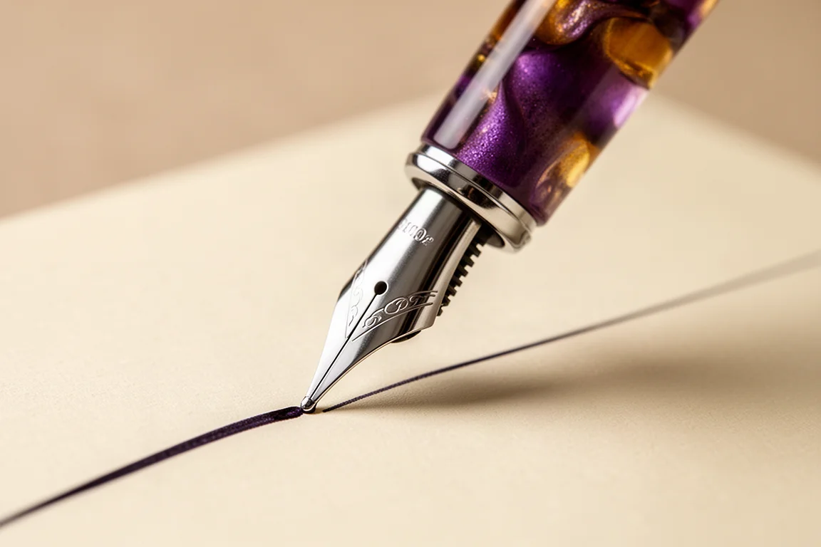 Fountain pen nib close-up writing a line of ink on textured paper