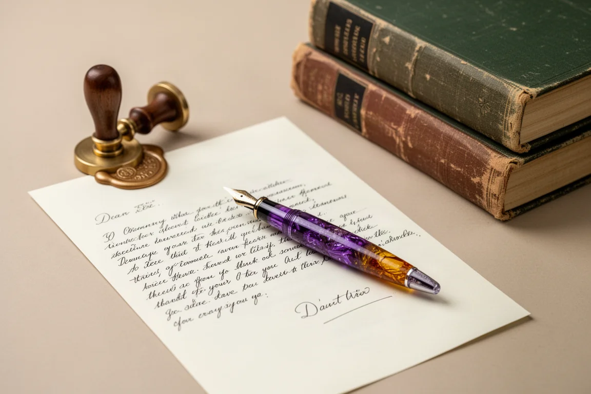 Cozy home writing scene with books, wax seal, and a resin fountain pen