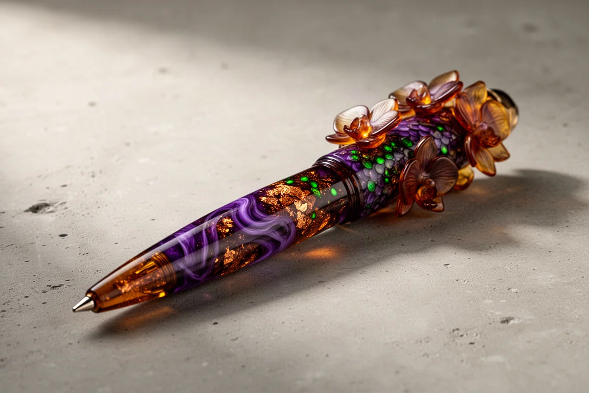 Bennu Brown Orchid fountain pen with swirling purple and amber resin